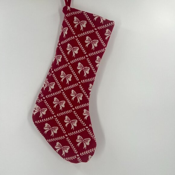 Nicole Miller Home Red Knit Christmas Stocking Holiday Bows Coquette - Picture 1 of 8